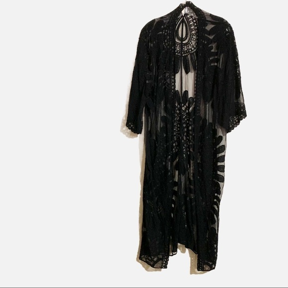 Kimono Shawl Drape Cape Duster Black short sleeve lace sheer one size - Picture 1 of 9